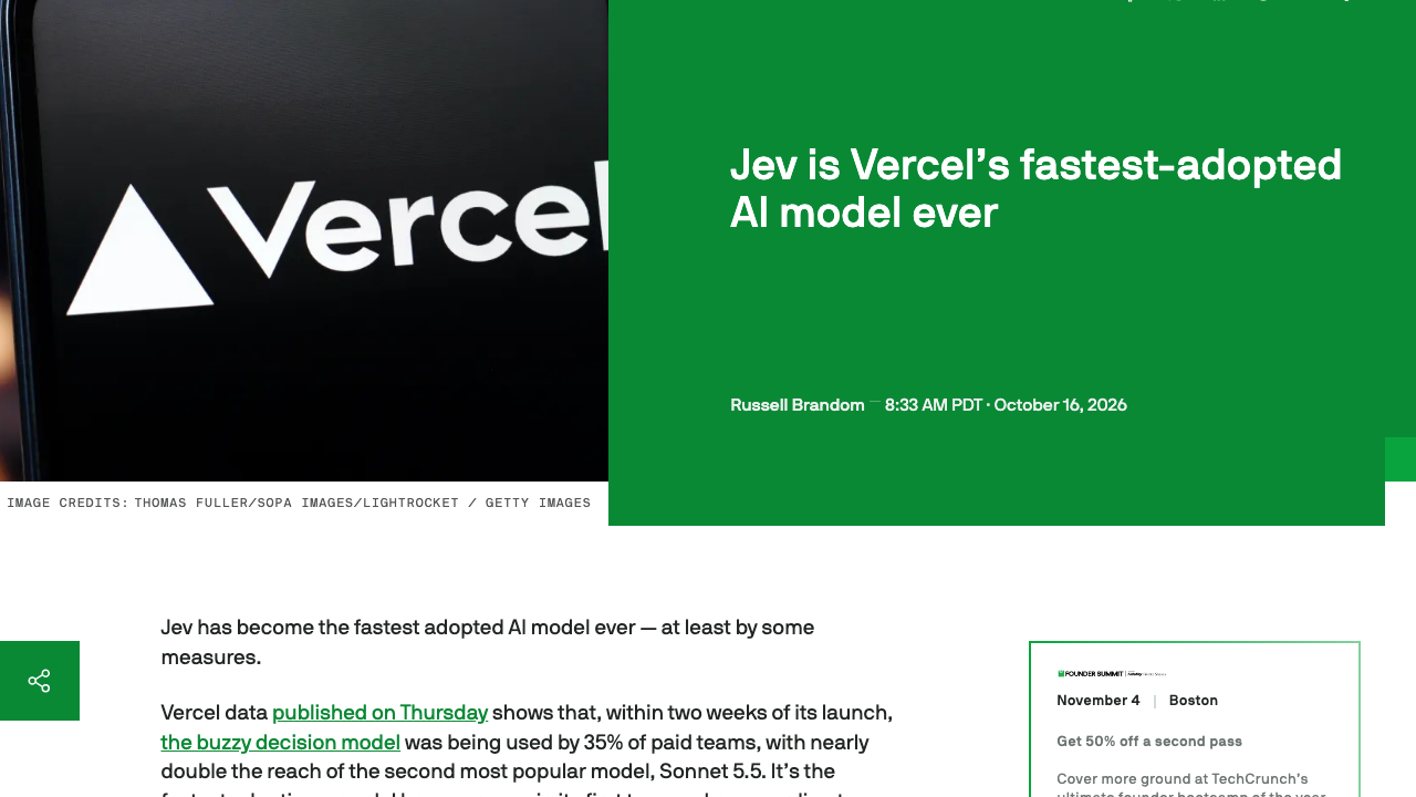 Vercel生产指数：Jev上线两周被35%付费团队采用（TechCrunch）